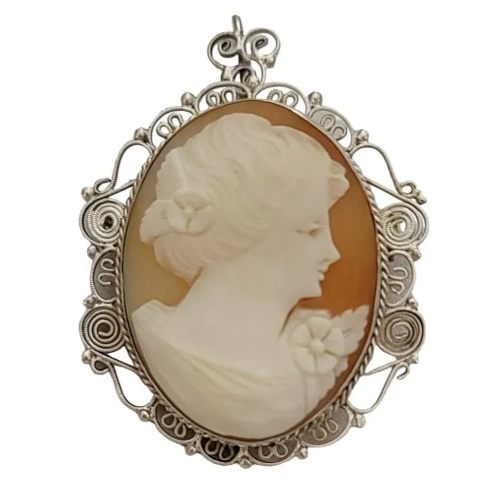 800 Sterling Silver Carved Shell Cameo C-Clasp Brooch Pendant K91 - Picture 11 of 11